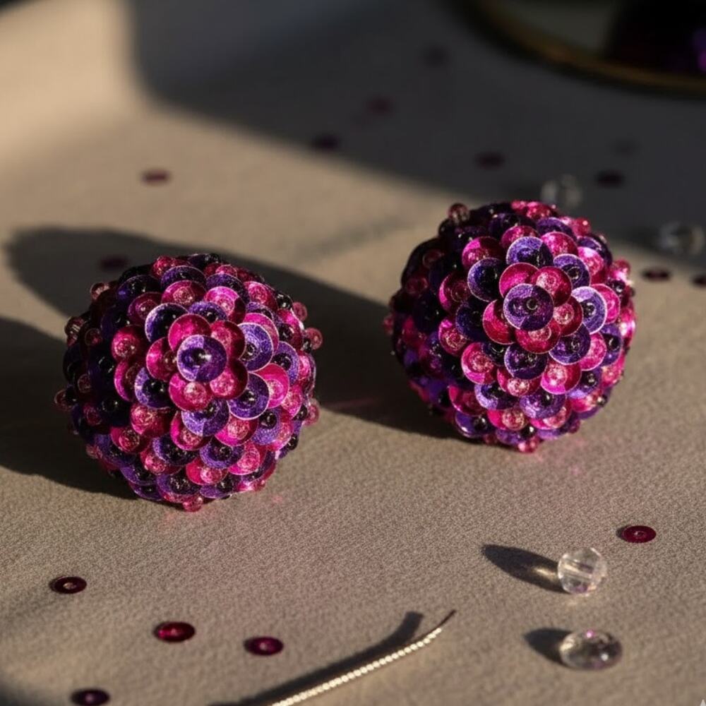 Vintage Sequin Dome Clip On Earrings Purple